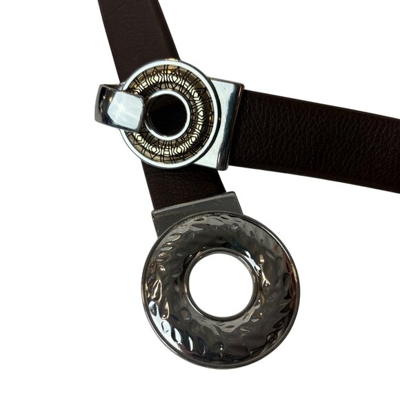 Chicos Vintage Leather Belt Chunky SilverTone Metal Buckle Adjustable Up to 48” - Picture 6 of 8